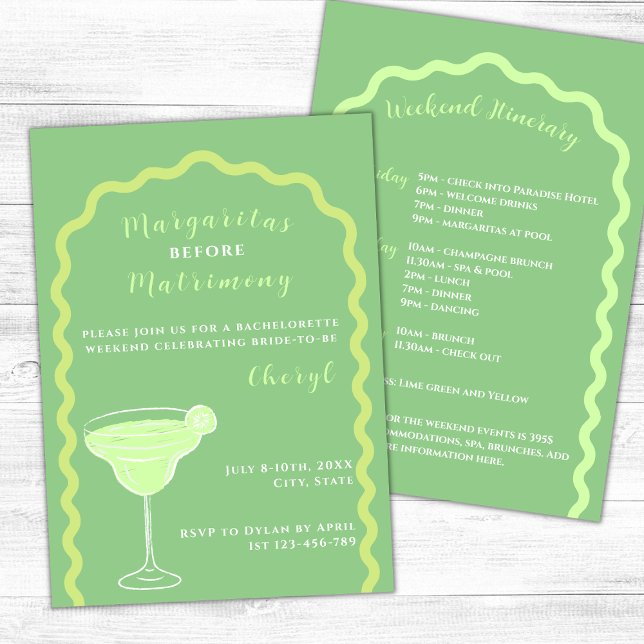 Margaritas und Matrimone Bachelorette Weekend Einladung (Margaritas and matrimony bachelorette weekend lime green wavy arch margarita glass)