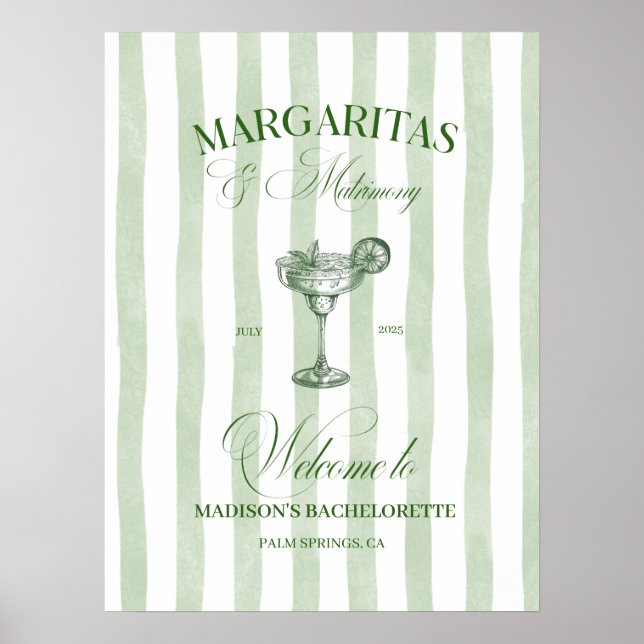Margaritas und Matrimone Striped Bachelorette Poster (Vorne)