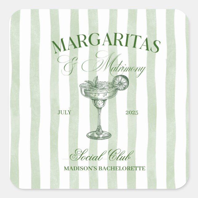 Margaritas und Matrimone Striped Bachelorette Quadratischer Aufkleber (Vorderseite)