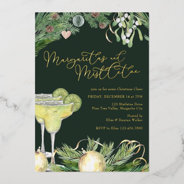 Margaritas und Mistletoe Cocktail Party Gold Folieneinladung (Vorderseite)