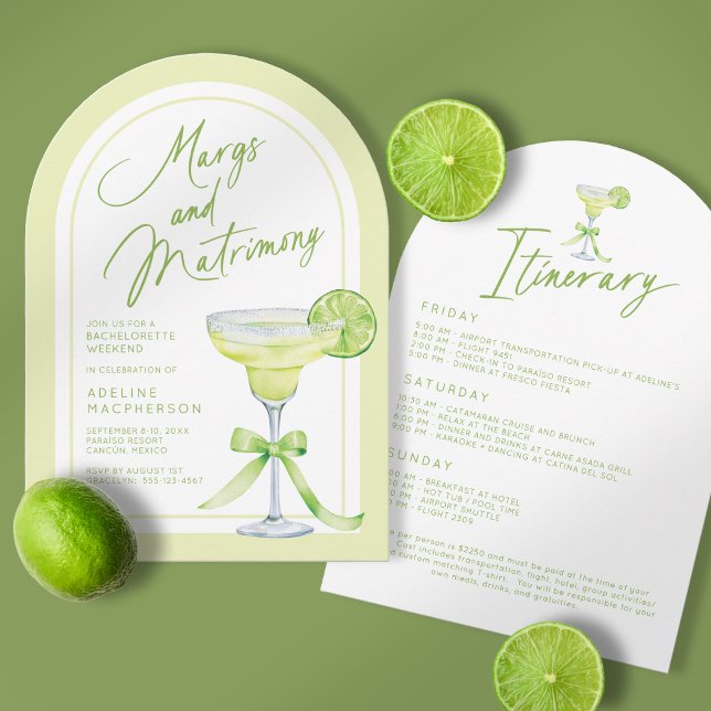 Margs and Matrimone Bachelorette Weekend Einladung (Front & Back | Shown on a 5" x 7" invitation with an Arch Corner Style.)