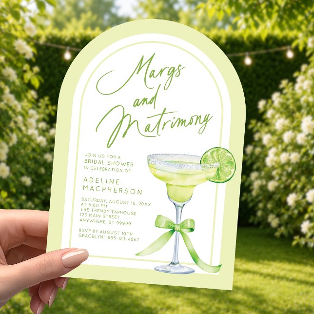 Margs and Matrimony Brautparty Einladung (Shown on a 5" x 7" invitation with Arch Corner Style)