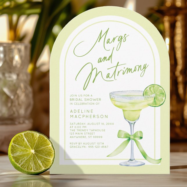 Margs and Matrimony Brautparty Einladung (Shown on a 5" x 7" invitation with Arch Corner Style)