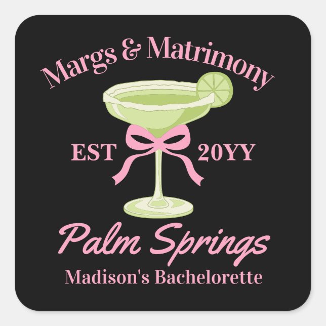 Margs and Matrimony Margaritas Junggeselinnen-Absc Quadratischer Aufkleber (Vorderseite)
