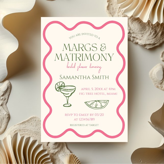Margs & Matrimons Brautparty Handgezeichnete Moder Einladung (Margs & Matrimony Bridal Shower Invitation Pink & Green Hand Illustrated)