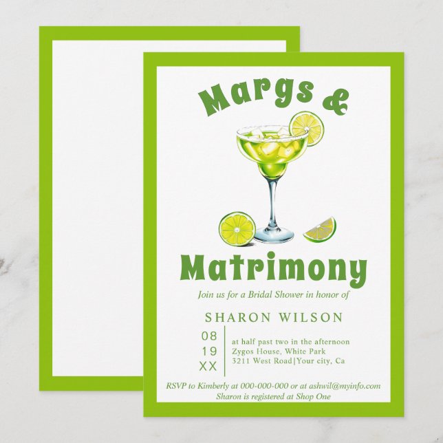 Margs & Matrimons Cocktail Grün Brautparty Einladung (Vorne/Hinten)