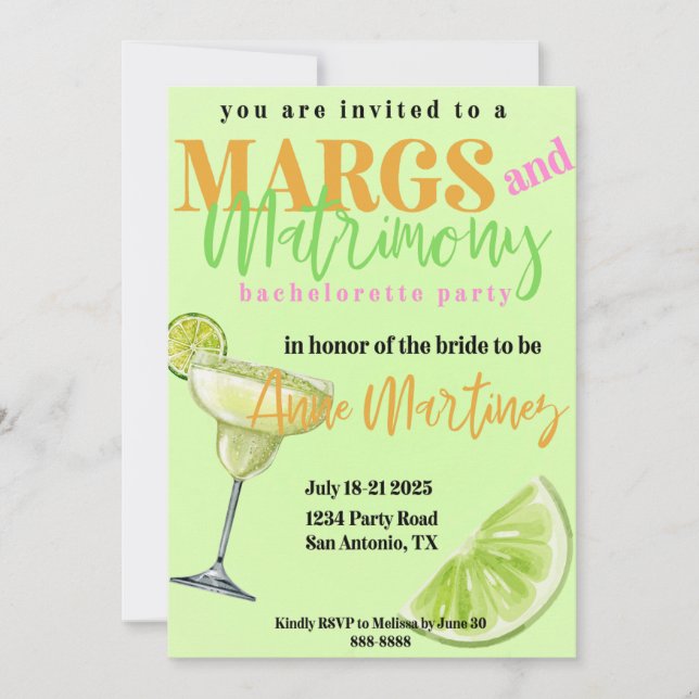 Margs & Matrimony Bachelorette Einladung (Vorderseite)