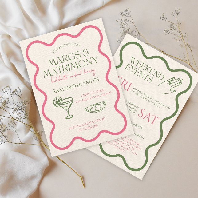 Margs & Matrimony Bachelorette Weekend Hand Drawn Einladung (Margs & Matrimony Bachelorette Weekend Invitation Hand Illustrated Green and Pink)