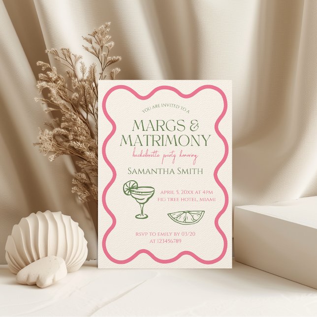 Margs & Matrimony Junggeselinnen-Abschied Hand Dra Einladung (Margs & Matrimony Pink and Green Bachelorette Party Invitation Wavy Frame Hand Drawn Funky)