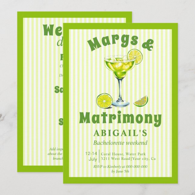 Margs & Matrimony lime green bachelorette Einladung (Vorne/Hinten)