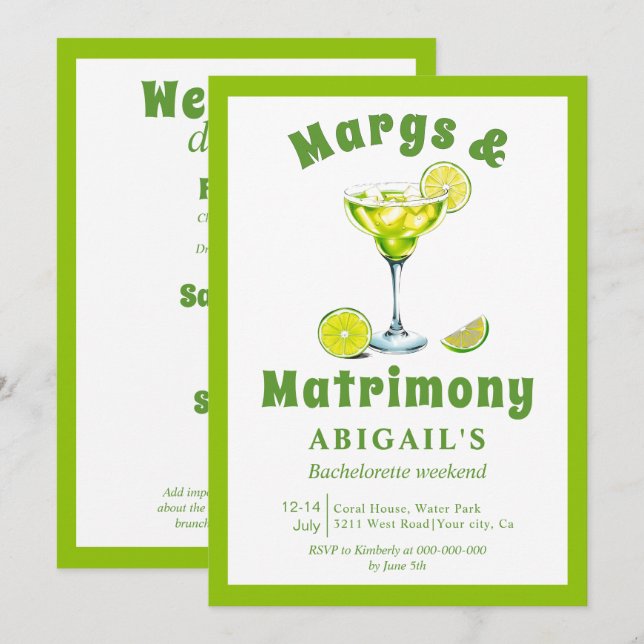 Margs & Matrimony lime green bachelorette Einladung (Vorne/Hinten)