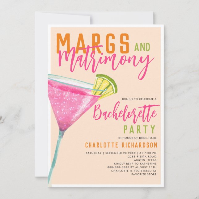 Margs & Matrimony Margarita Orange Bachelorette Einladung (Vorderseite)