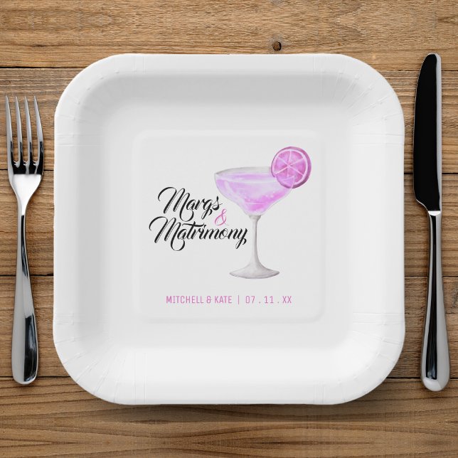 Margs & Matrimony Pink Margarita Brautparty Pappteller (Margs & Matrimony Pink Margarita Bridal Shower Paper Plates
)