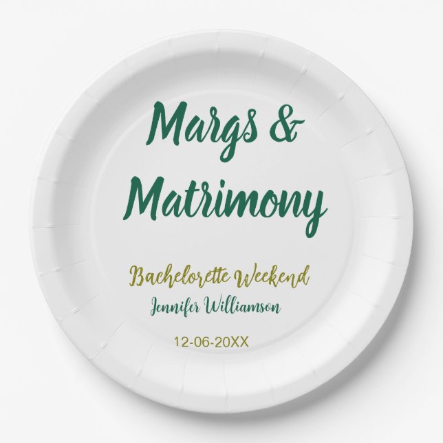 Margs und Ehe Name Datum Junggesellinnenabschied Pappteller (Vorderseite)