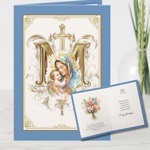 Maria Jesus Blumen Schrift Blau Gold  Karte