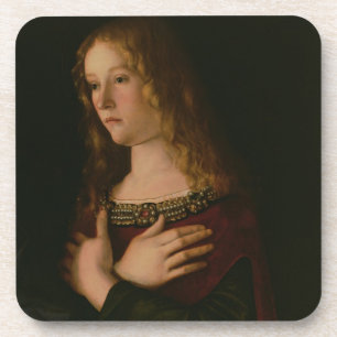 Maria Magdalena, Detail von der Jungfrau und vom Getränkeuntersetzer