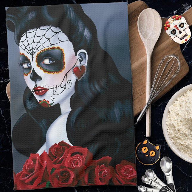 Maria Sugar Skull Rote Rosen Geschirrtuch (Von Creator hochgeladen)