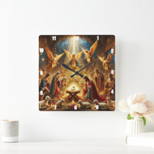 Maria und Joseph pflegen das Baby Jesus Quadratische Wanduhr