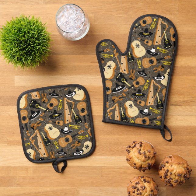 Mariachi Band Oven Mitt und Pot Holder Ofenhandschuh & Topflappen-Set (Oben Unten)