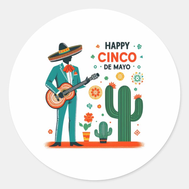 Mariachi Celebration – Happy Cinco de Mayo Runder Aufkleber (Vorderseite)