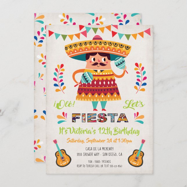 Mariachi Mexcian Fiesta Einladung zum Geburtstag (Vorne/Hinten)