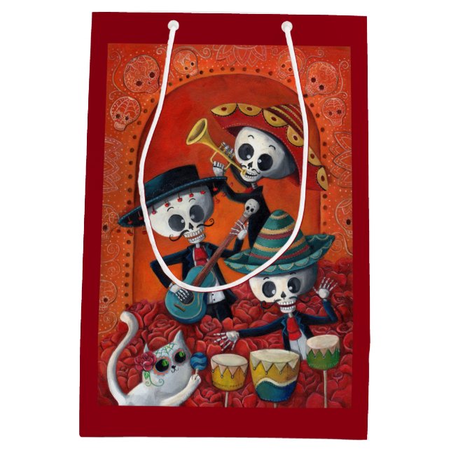 Mariachi-Trio Dia de Los Muertos Skeleton Mittlere Geschenktüte (Rückseite)