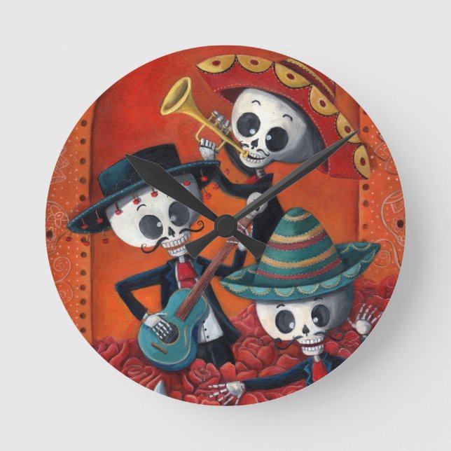 Mariachi-Trio Dia de Los Muertos Skeleton Runde Wanduhr (Vorderseite)