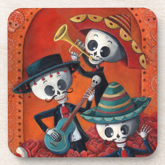 Mariachi-Trio Dia de Los Muertos Skeleton Untersetzer (Vorderseite)