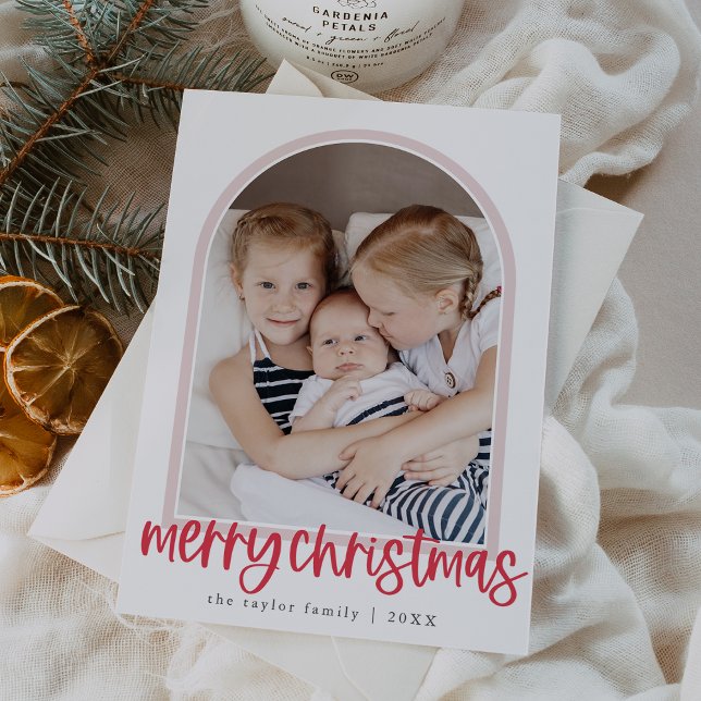 MARIAH Red Pink Arch Family Foto Frohe Weihnachten (MARIAH Red Pink Arch Family Photo Merry Christmas Holiday Card)