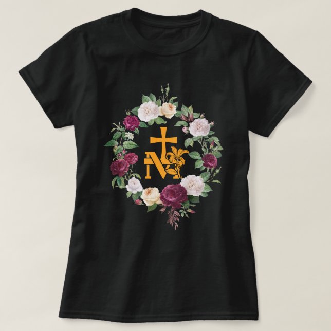 Marian Katholic M & Faith Cross Floral Religious T-Shirt (Design vorne)