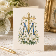 Marian Kreuz Blaues Blumenmuster Schriftzug