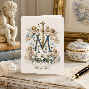 Marian Kreuz Cherub Engel Blaue Blüten Dankeskarte