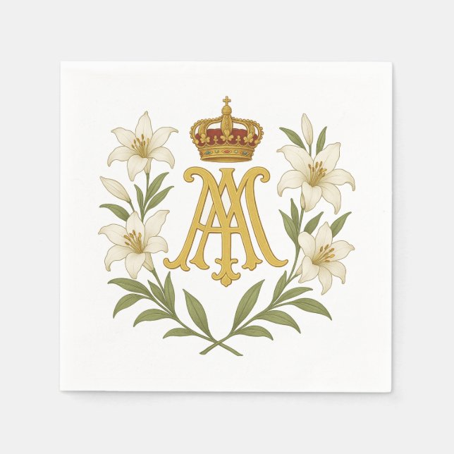 Marian Monogram Gold Crown White Lily Catholic  Serviette (Vorderseite)