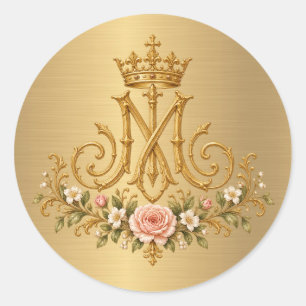 Marianisch katholisches florales goldenes Monogram Runder Aufkleber