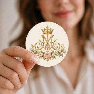 Marianisch katholisches florales goldenes Monogram Runder Aufkleber