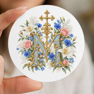 Marianisches Monogramm Katholisch Blaues Floral Runder Aufkleber