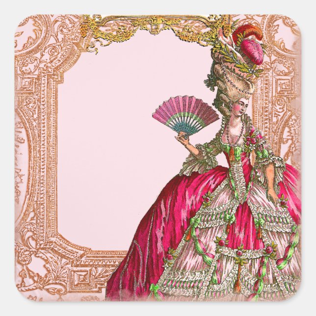 Marie Antoinette im Rahmen von Hot Pink Rokoko Quadratischer Aufkleber (Vorderseite)