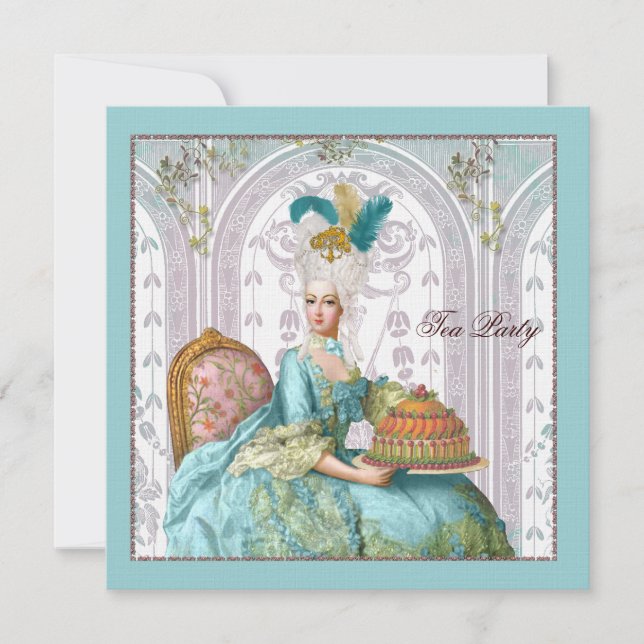 Marie Antoinette in Aqua mit Kuchen Einladung (Vorderseite)