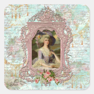 Marie Antoinette in rosa Rahmen Quadratischer Aufkleber