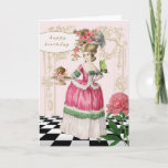 Marie Antoinette Karte<br><div class="desc">An 18th century fashion plate is created into a colourful fun birthday card. Marie Antoinette holds a birthday cake with a beautiful butterfly resting on her arm. A perfect card for that special person.</div>