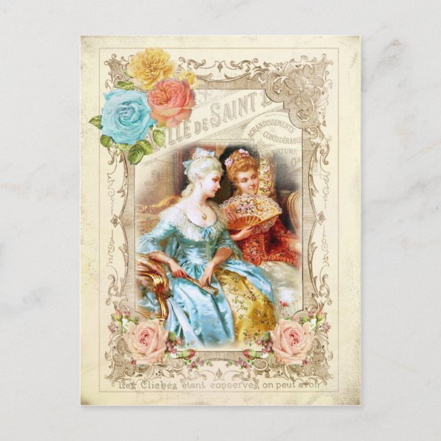 Marie Antoinette, Paris, blau, rosa Rosen Rokoko Postkarte (Vorderseite)
