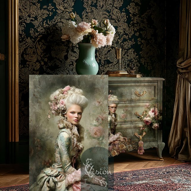 Marie Antoinette Portrait Baroque Pink Roses Seidenpapier (Baroque portrait print on decoupaged dresser in luxury interior with gold damask wallpaper
)