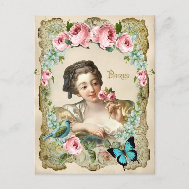 Marie Antoinette Rokoko Rose Girl Bird Postcard Postkarte (Vorderseite)
