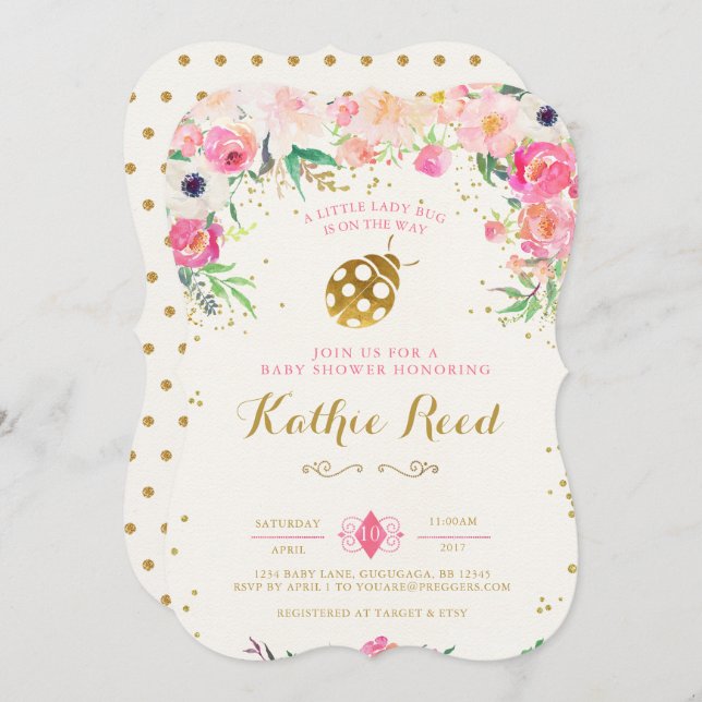 Marienkäfer-Babyparty-Einladungs-Rosa Einladung (Vorne/Hinten)
