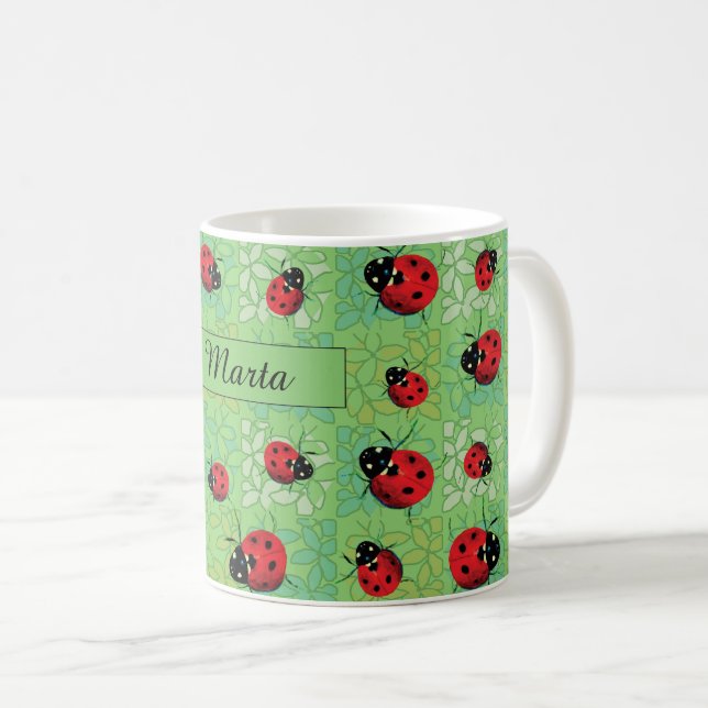 Marienkäfer-Blumenblatt-grünes Muster Kaffeetasse (VorderseiteRechts)