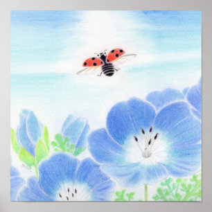 Marienkäfer-Frühlingsblaue-Blumen-Nemophila-Nurser Poster