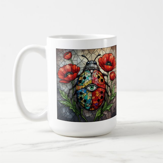 Marienkäfer Glasmalerei lebendige Mohnblume Insekt Kaffeetasse (Links)