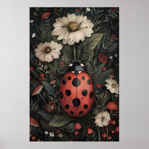 Marienkäfer im dunklen Blumengarten-Druck, melanch Poster