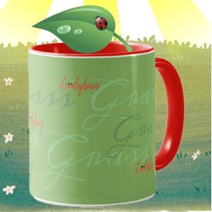 Marienkäfer im Gras-Schriftkunst grün rot süß Tasse