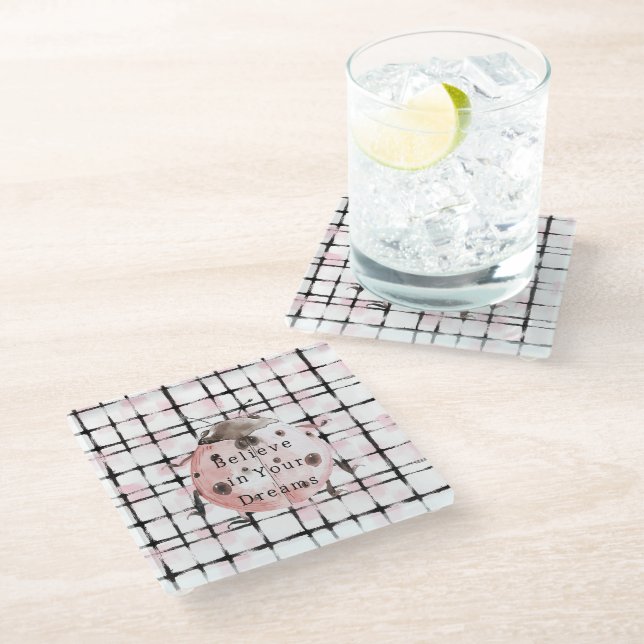 Marienkäfer mit rosa schwarzen Streifen Glasuntersetzer (Schrägansicht)